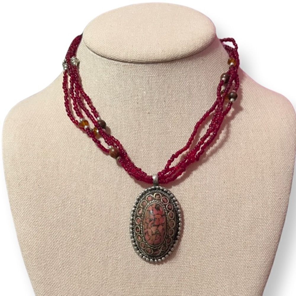 NEW Multi Strand Red Beaded Necklace With Big Silver And Pink Mosaic Pendant